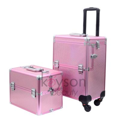 China 2 in 1 Case Keyson Undercarriage Case 2-in-1 Makeup Train Case Cosmetic Organize Storage Makeup Artist Travel Rolling Portable Train Case for sale