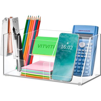 China Eco-friendly Acrylic Desktop Storage Box Pen Holder With Compartment With Note Holder Phone Stand For Office School Storage Use for sale