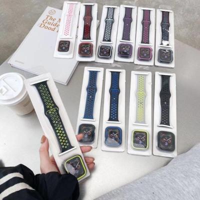 China Breathable For Apple Watch Se 2 Color Silicone Open-hole 56 Watch Case Set Breathable Silicone Screen Band Apple Watch iWatch for sale