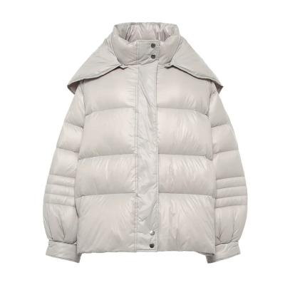 China Waterproof Beige Outdoor Warm Coats Hoodie Big Bubble Stripper Down Jacket Winter Womens for sale