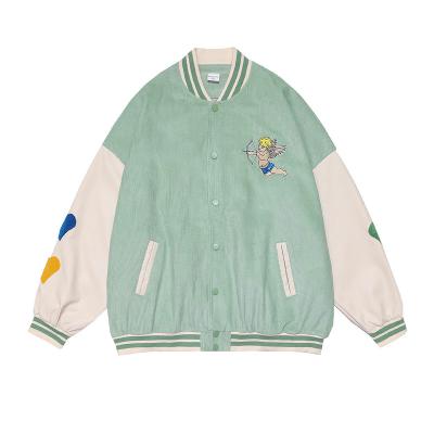 China Waterproof Button Green Embroider Women Corduroy Baseball Bomber Jacket for sale