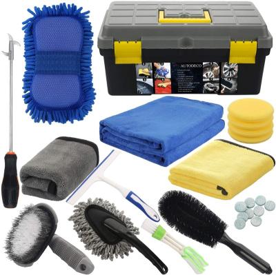 China Universal 25Pcs Microfiber Car Wash Cleaning Tool Kit With Storage Box Towels Applicator Pads Sponge Wheel Brush Car Accessories for sale