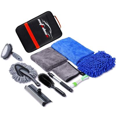 China Universal Portable 10pcs Car Wash Kit With Bag Microfiber Cloth Wash Mitt Tire Sweep Auto Care Tool Kit for sale