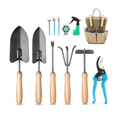 China Universal Wholesale Outdoor Garden Hardware Wooden DIY Tools Tool Kit with Bag Shovel Watering Box Scissors for sale