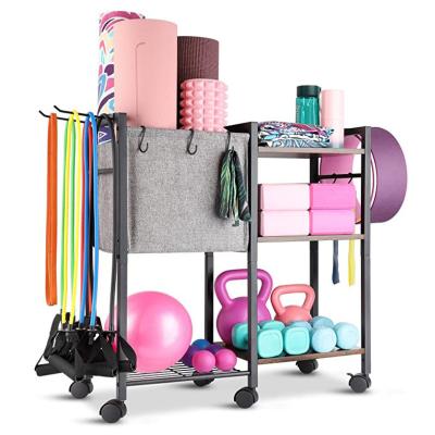 China Viable Yoga Mat Storage Rack Foam Roller Dumbbell Kettlebells Resistance Bands and More Gym Accessories Organization with Wheels Hooks for sale