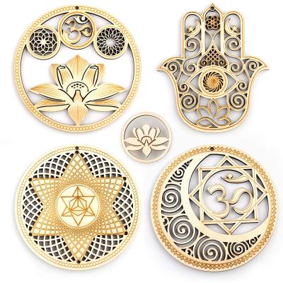 China Middle East 4 PCS Set Sacred Geometry Wall Art Crystal Grid Meditation Wooden Wall Art Lotus Hamsa Hand Soul Star Sun Sacred Moon Unions for sale