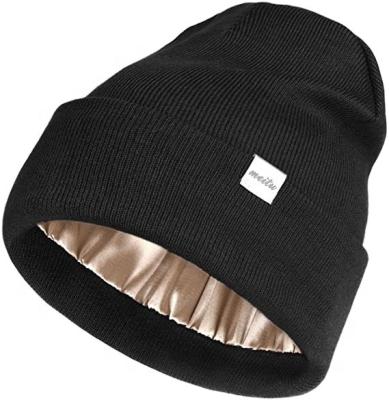 China COMMON Satin Striped Knit Beanie Hat Custom Label Soft Acrylic Winter Hats For Men Women Silk Coating Cuffed Beanie Hat for sale