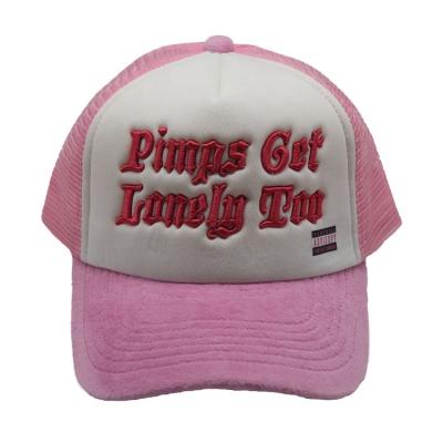 China New style COMMON hot selling velvet pink brim and white 5 panel custom logo trucker hat mesh foam hat and cap with 3D embroidery for sale