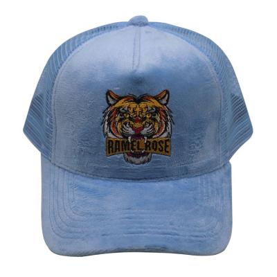 China 5 Panel Baby Blue Mesh JOINT Tiger Embroidery Custom-Velvet-Trucker-Hat for sale