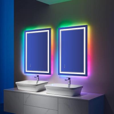 China Modern LED Bathroom Mirror RGB Color Changing Dimmable Backlit Shatterproof Fog Vanity With Dual Lights for sale