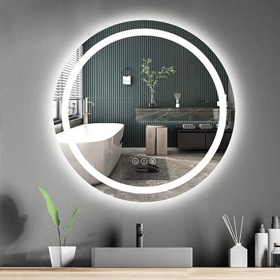 China Dimming Light Round Shape Bathroom Mirror With RGB Backlit And Front Light Color Changing Vanity Mirror Lighted For Wall Dimmable Fog Light Memory for sale