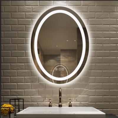 China Illuminated Oval Shape LED Bathroom Mirror With Backlit+ Front Lights Circle Dimmable Vanity Mirror for sale