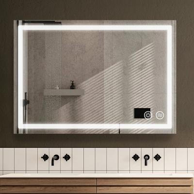 China Bright LED Light Smart Mirror With Frameless Rectangle Shape Rechargeable Led Mirror With Waterproof Weather Temperature for sale