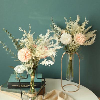 China New Fashional White Flower Dandelion Eucalyptus High Quality Silk Plastic Hybrid Wedding Bouquet Artificial Flowers For Home Decor for sale