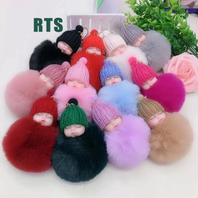 China Promotional Gift Furry Ball Pom Pom Keychain Cute Pendant Doll Furry Ball Keychain Furry Baby Puff Ball Key Chain - Sleeping Baby Pom Pom Keychain Doll Key Chains for sale