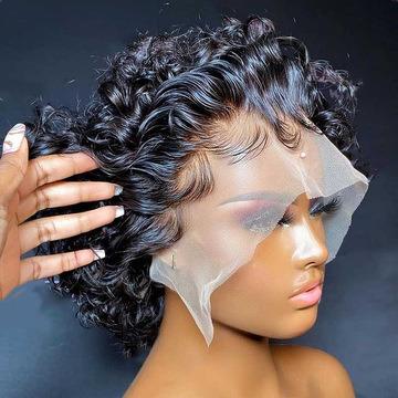 China Libertine Pixie Cut Curly Closure Wigs, Pixie Bob Cut Human Hair Short Curl 180% Density Lace Frontal Wig Brazilian, 13x4 Lace Frontal Pixie Wi for sale