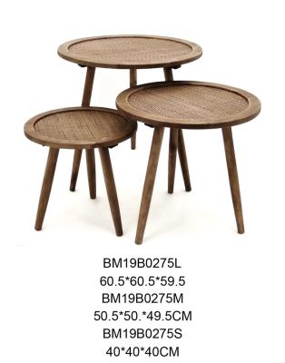 China Knocked Down Accent Table (set 3) 60D x 60H cm, 50D x 50H cm, 40D x 40H cm wood and rattan side coffee tables for sale