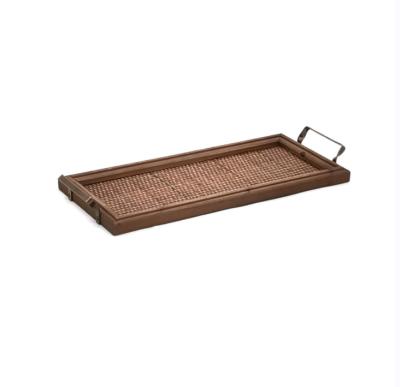 China Art Deco Tray for Home Decor Crafts Brown Color Rectangle Shape Rattan Minimalist Wood Tray for sale