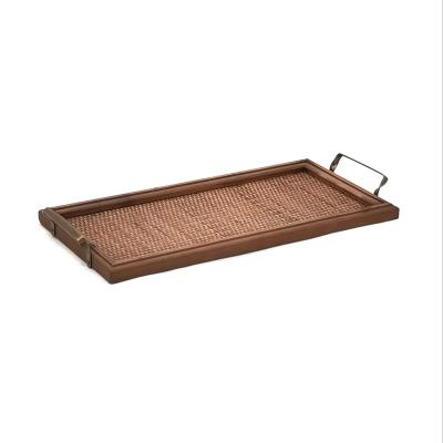 China Art Deco Tray for Home Decor Crafts Brown Color Rectangle Shape Rattan Minimalist Wood Tray for sale