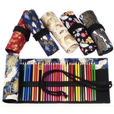 China Folding 36 Slots Canvas Stationery Roll Up Handmade Foldable Pencil Case for sale