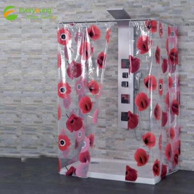 China Viable Clear Film Printed PEVA Red Flower Plastic Bathroom Vinyl Sea Fish Shower Curtain for sale