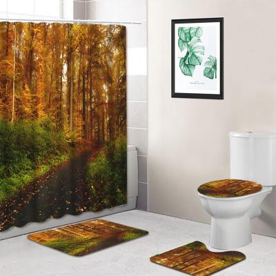 China Autumn Landscape Forest Aisle Bathroom Set Curtain And Rug Sustainable Custom for sale