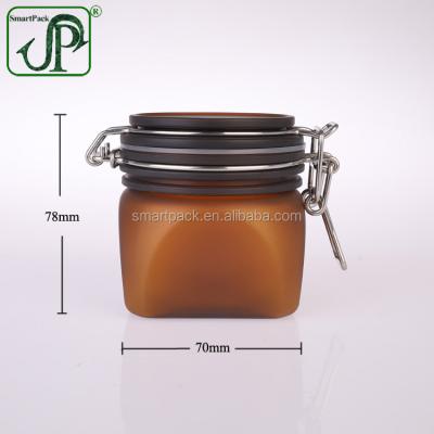 China 250ml Cosmetic Amber Square Plastic Clip Top Airtight Jar For Food Storage for sale