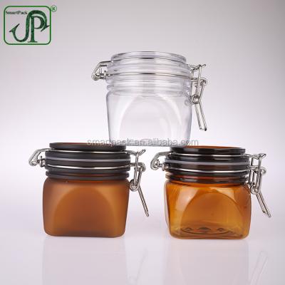 China Food Packaging Cosmetic Packing Transparent Square Plastic Jar Body Scrub Honey Jar 250ml for sale