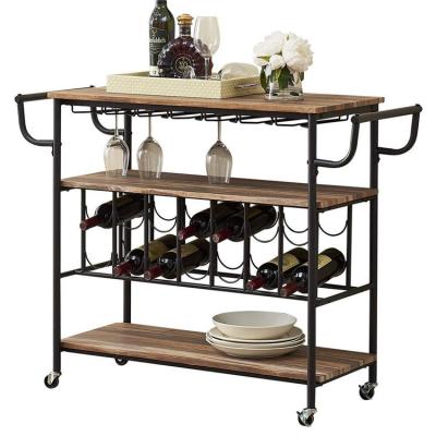 China Household Wooden Bar Cart 14 Bottles Large Long Industrial Rustic Industrial Style With Wine Glass Rack for sale