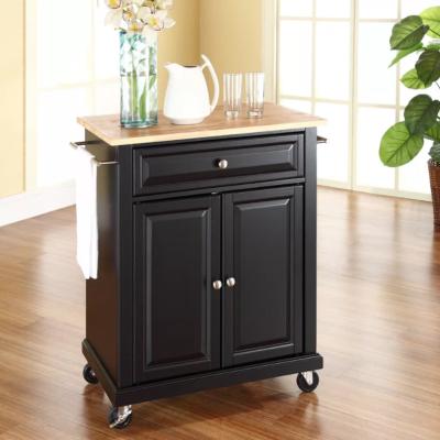 China Black Small OAK PANEL Portable Movable Furniture Black Rolling Kitchen Cart Island With Storage Drawer Cabinet for sale