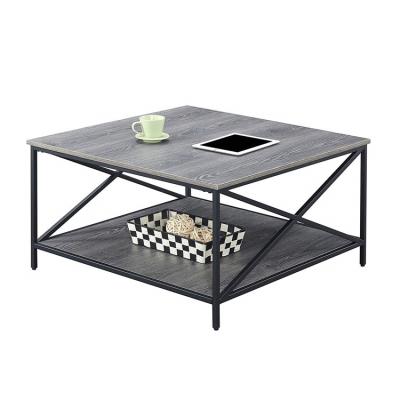 China Industrial Modern Wooden Metal Living Room Square Furniture Double Layer Coffee Side Table With Large Storage Space for sale