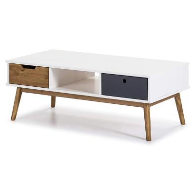 China Best Selling 2 Drawer 1 Open Shelf European Line Melamine Laminate Solid Wood 2 Leg Solid Wood Coffee Table With Solid Pine Wood Leg for sale