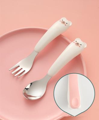 China Hot Selling Nordic Minimalist Cardboard Pink Blue Stainless Steel Spoon And Fork Set Cute Stainless Kids Cutlery For Baby With PP Handle for sale