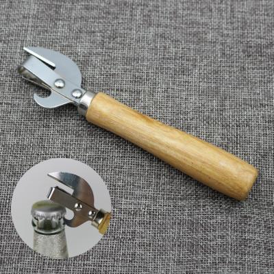 China Sustainable Wooden Handle Stainless Steel Multi Function Manual Can Opener Tin Can Beer Bottle Knife for sale