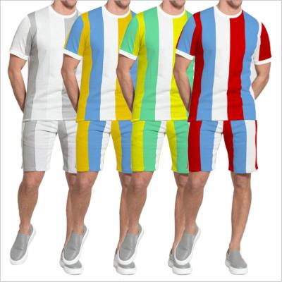 China Breathable Summer Plus Size 2 Piece Sportswear Set Mens Stripes T-Shirt And Shorts Set Tracksuit With Pocket for sale