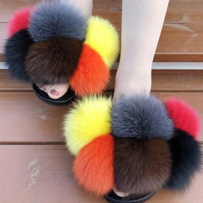 China 2021 Fashion Trend Factory Direct Wholesale Color Matching Genuine Fur Flip Flops Fox Leather Ladies Bedroom Home Slippers for sale