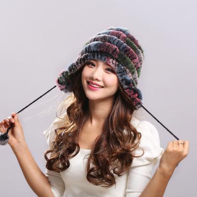 China Thick Warm Comfortable Women's Rex Rabbit Fur Leather Wide Stripe Knitted Hat Knitted Hat Fur Warm Wholesale for sale