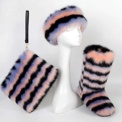 China Wholesale Colorful Fake Massage And Real Big Long Fluffy Big Fox Fur Snow Boots Sets Assortment With Purse Bags Headband For Ladies Women for sale