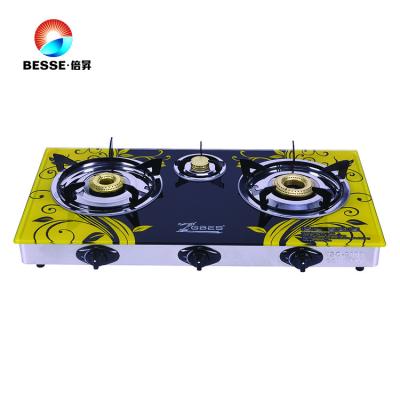 China Household Tempered Glass High Quality Gas Stove Cast Iron Triple Burner Cooking Gas Stove for sale