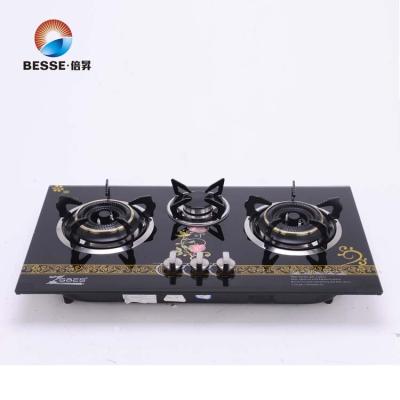 China Household Bulit-in High Quality Tempered Glass Gas Stove Triple Burner Cooking Gas Stove for sale