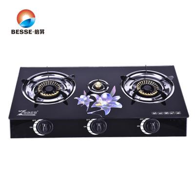 China Household Tempered Glass High Quality Gas Stove Cast Iron Triple Burner Cooking Stove for sale