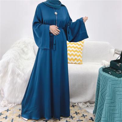 China Modest Maxi Dress Dubai Abaya Muslim Abaya Dress Solid Islamic Belt Flowly Dubai Modest Satin Abaya Muslim Islamic Clothing Turkey for sale