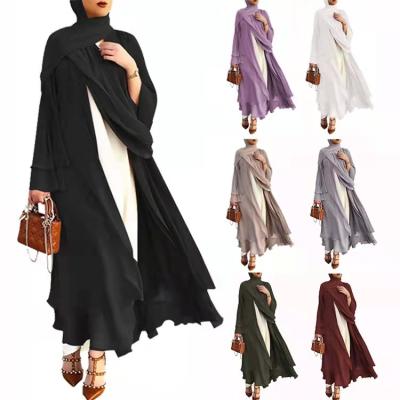 China New design kimono abaya 2021 new design turkey solid color robe arabic new layered long cardigan robe dubai muslim women front open abaya for sale