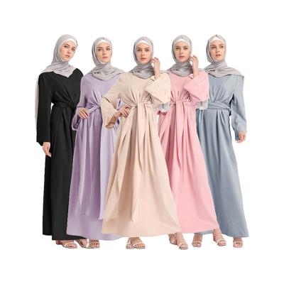 China New Muslim Abaya Muslim Kaftan Dress Long Solid Color With Belt Dubai Women Islamic Clothing Wrap Abaya Maxi Dress for sale