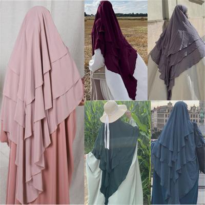 China 2021 Islamic Prayer Three Layer Chiffon Jilbab Abaya Women Niqab Hijab Muslim Scarf New Arrival Fashion Polyester Long Khimar for sale