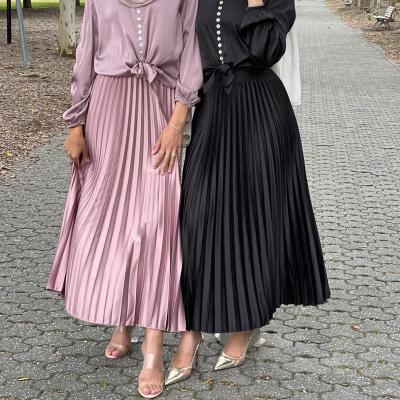 China Breathable Long Maxi Pleated Skirt Midi Pleated Ankle Length Sweep High Waist Arabic Dress Elastic Casual Swing Skirt for sale