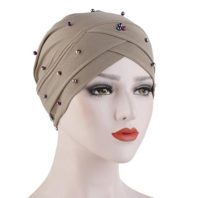 China Colorful Beading Polyester/Spandex Turban Muslim Hat For Women Front Cross Hijabs Hood Inner Hats Beaded Head Wrap Scarf for sale