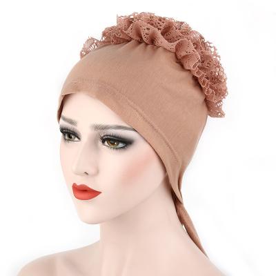 China New Large Solid Color Polyester/Flat Flower Muslim Hat Lace Amazon Cotton Tank Top Women Stretchy Tie Back Inner Hijab for sale