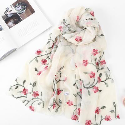 China Turkish Women Rose Flower Embroidery Scarf Shawl Cotton Hijab Style Silk Long Flower Print Veil Pashmina Scarf for sale