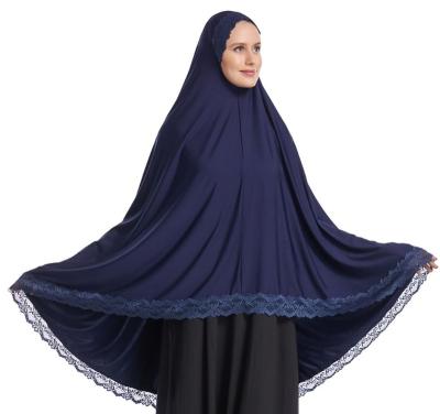 China Long Hijab Prayer Dress With Lace Edge Sashes High Quality Overhead Hats Milk Silk Prayer Dress Long Hijab Lace Edge Jilbab Overarm Khimar for sale